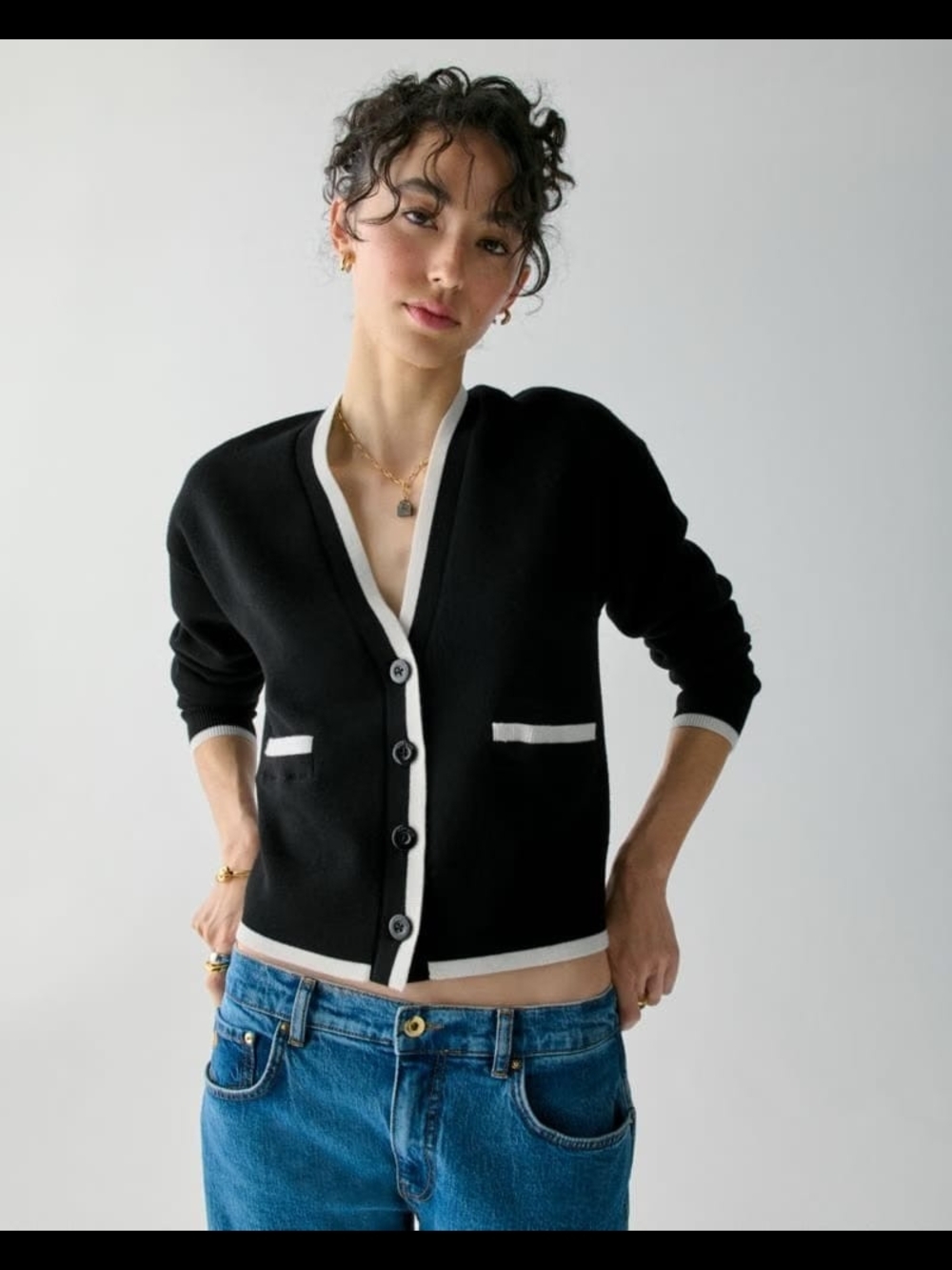 Black & White Trim Women’s V-Neck Button Cardigan Sweater